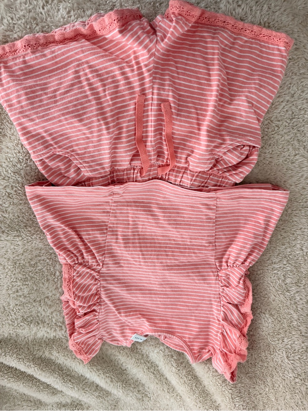 Striped Pink Strapless Romper with Lace Trim